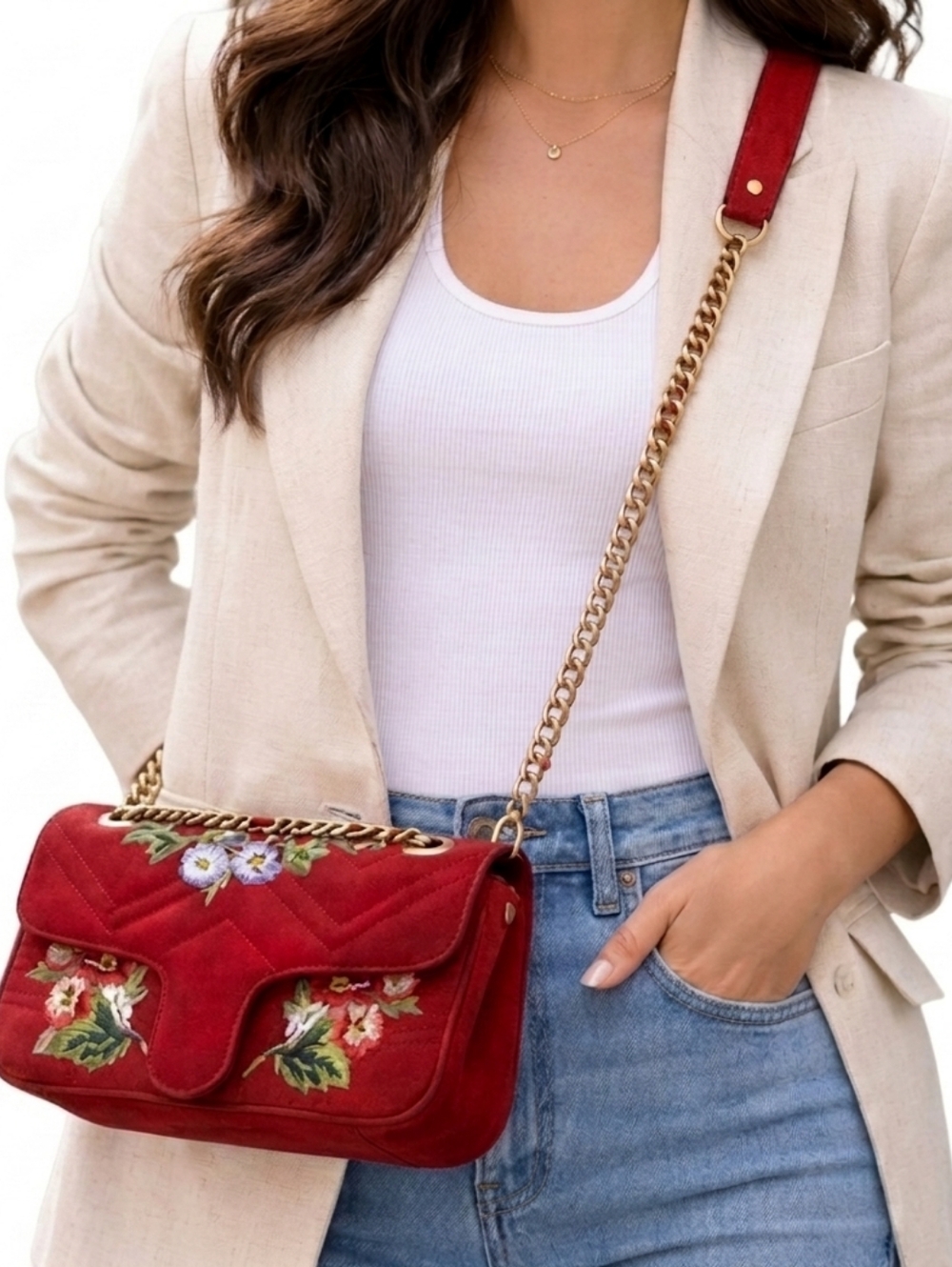 Red Flower Embroided Crossbody Chain Purse